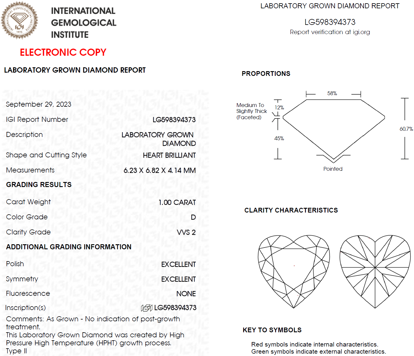 1 CT D VVS2 Heart Shape Lab Grown Diamond For Engagement Ring - IGI Certified
