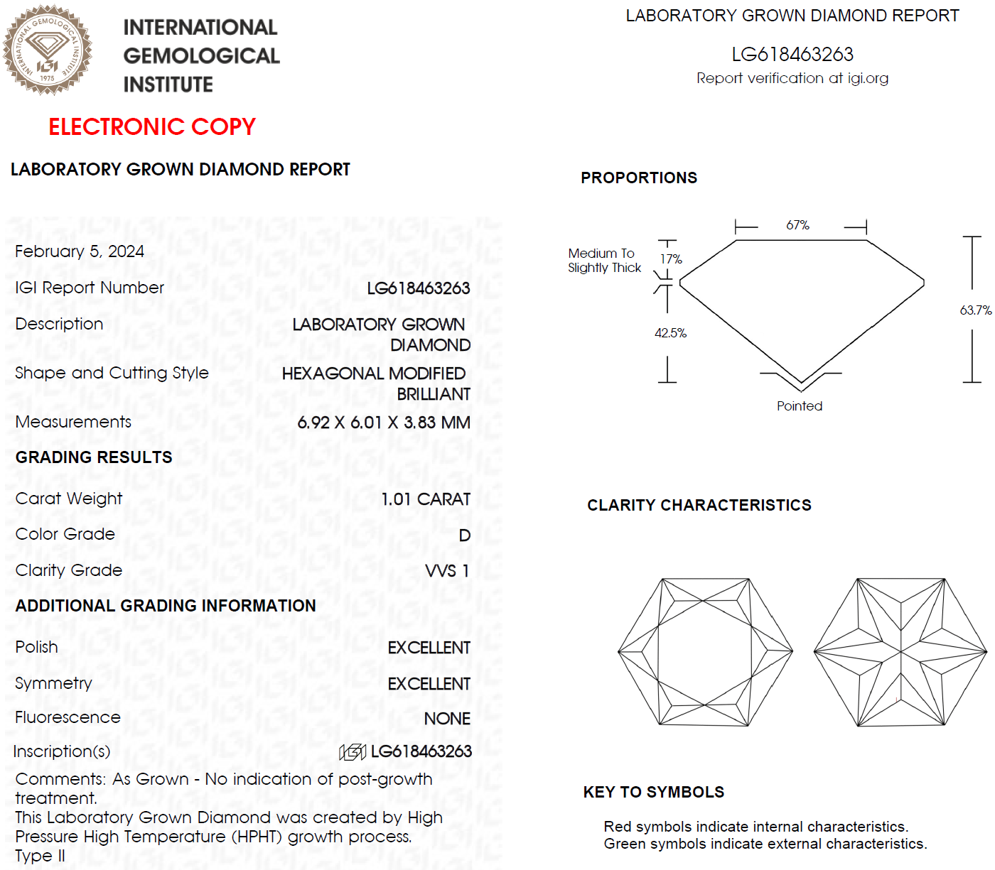 1 CT Hexagonal Cut D VVS1 Lab Grown Diamond For Engagement Ring - IGI Certified