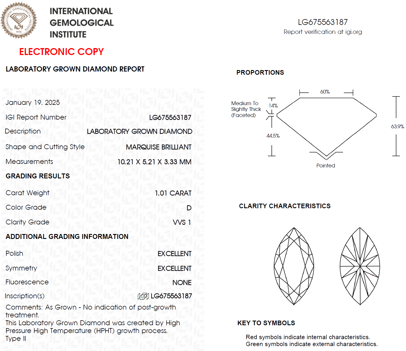 1 CT Marquise Cut D VVS1 Lab Grown Diamond For Engagement Ring - IGI Certified
