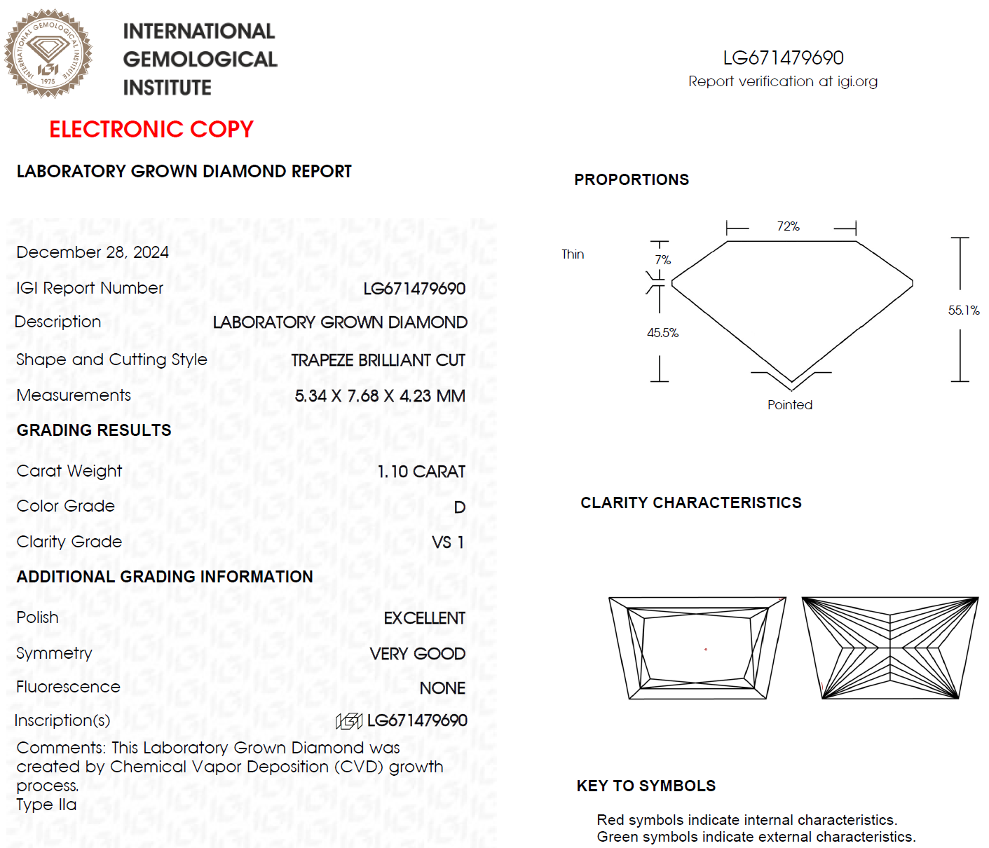 1.10 CT Trapezoid Cut Lab Grown Diamond For Engagement Ring - IGI Certified
