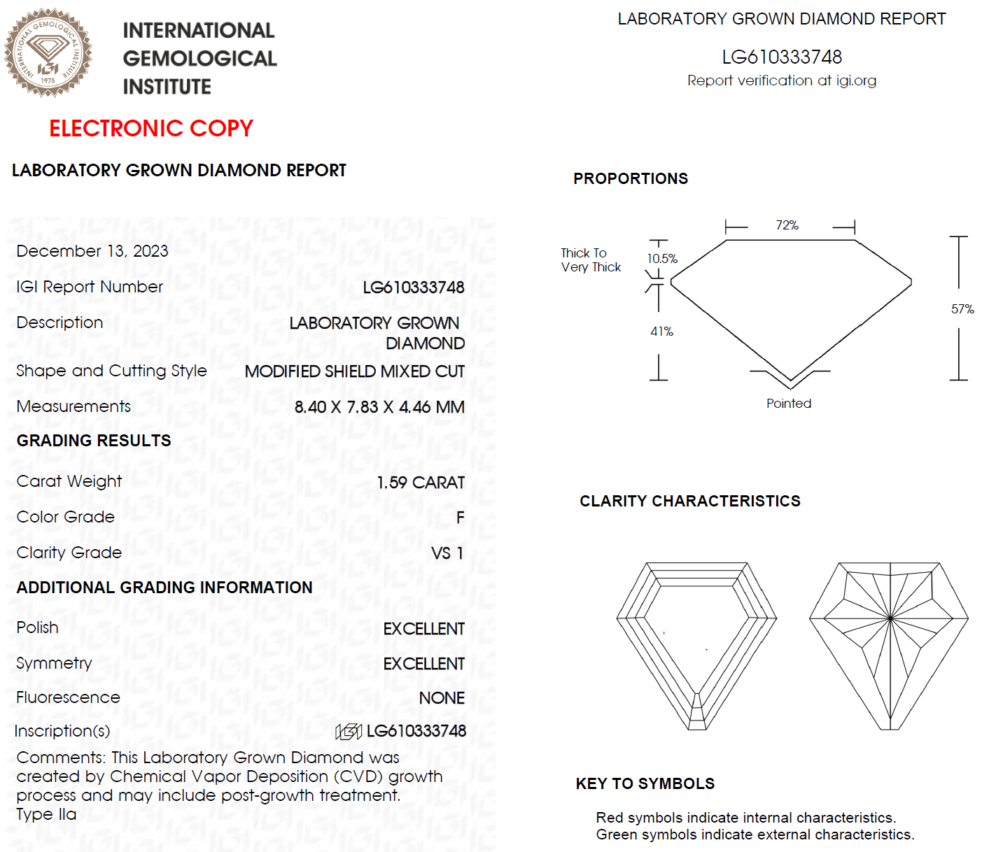 1.59 CT Shield Cut Lab Grown Diamond For Engagement Ring - IGI Certified
