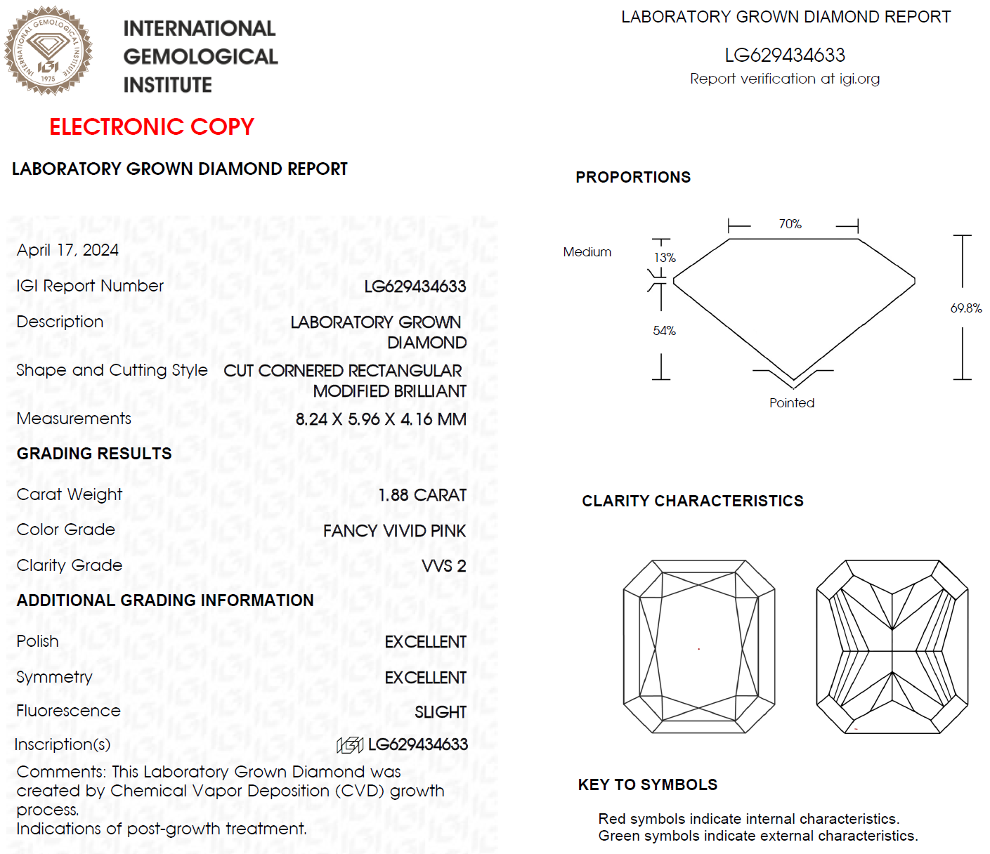 1.88 CT Pink Radiant Cut Lab Grown Diamond For Engagement Ring - VVS2 IGI Certified