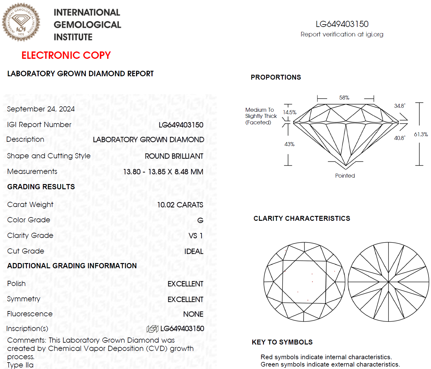 10 CT Round Lab Grown Diamond For Engagement Ring - IGI Certified