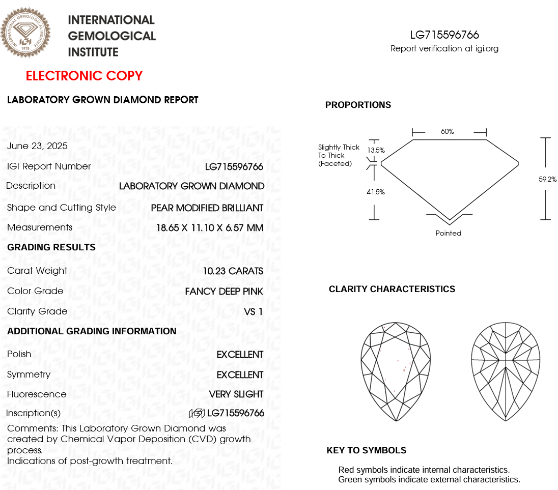 10.23 CT Deep Pink Pear Cut Lab Grown Diamond | IGI Certified | Best Diamond for Jewelry or Engagement Ring | Gift for Wife
