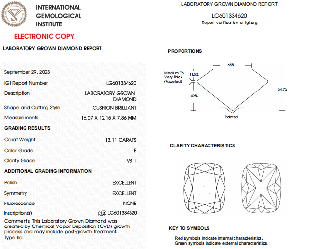 13.11 CT Cushion Cut Lab Grown Diamond For Engagement Ring - IGI Certified