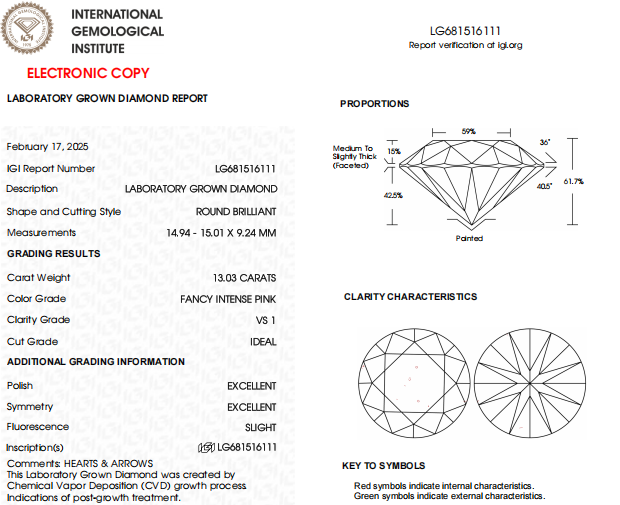 13 CT Intense Pink Round Lab Grown Diamond For Engagement Ring - IGI Certified