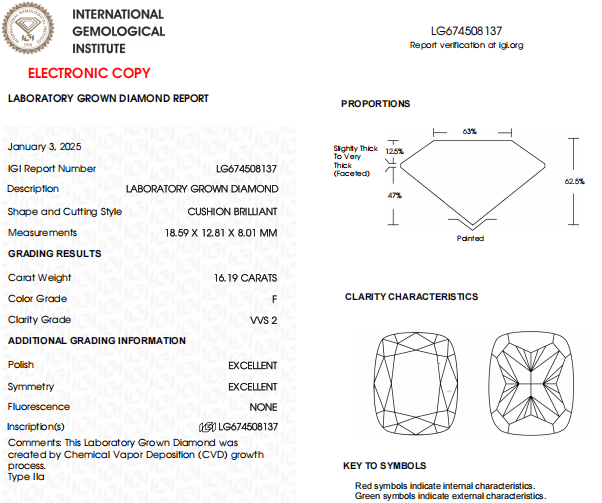 16.19 CT Cushion Cut Lab Grown Diamond For Engagement Ring - IGI Certified
