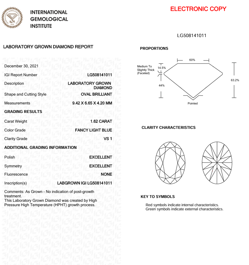 1.62 CT Light Blue Oval Cut Lab Grown Diamond for Necklace | IGI Certified | Best for Engagement Ring or Anniversary Gift | Gift for Wife