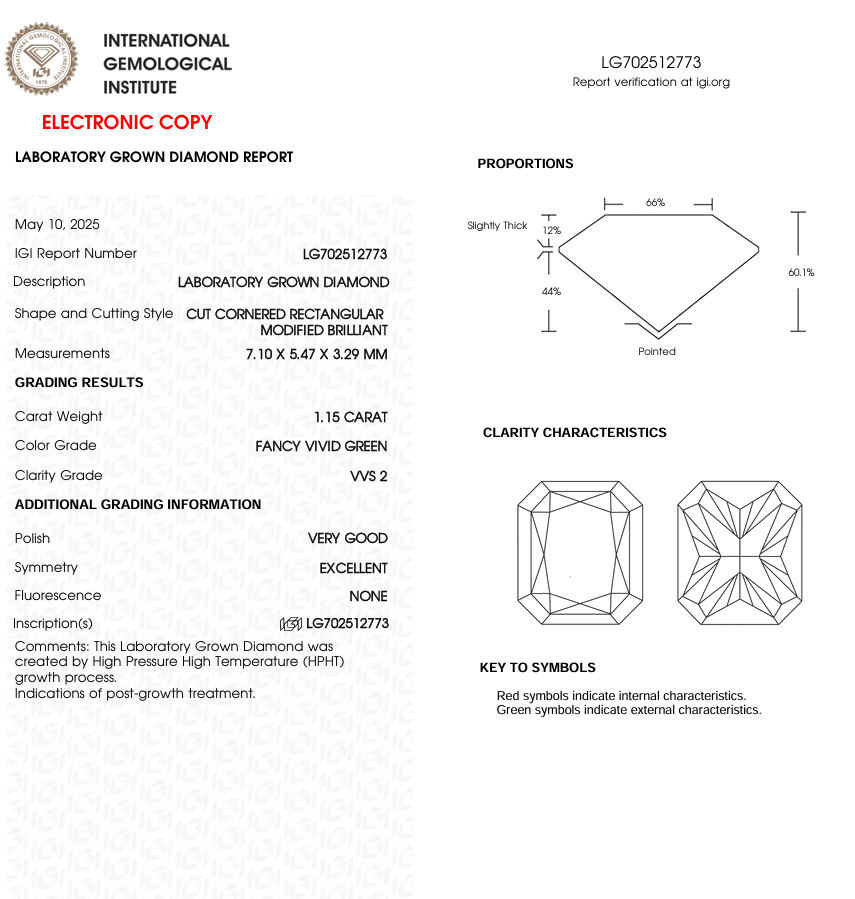 1.15 CT Green Radiant Lab Grown Diamond for Engagement Ring or Anniversary Gift | IGI Certified | Best for Bracelet or Necklace | Gift for Man