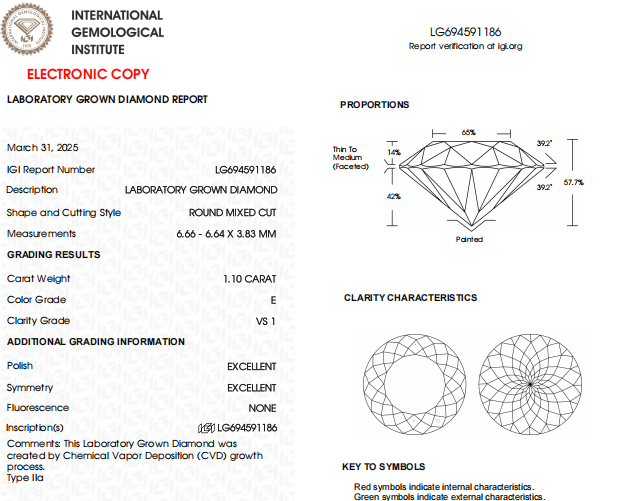 1.10 CT Round Mixed Cut Lab Grown IGI Certified Diamond