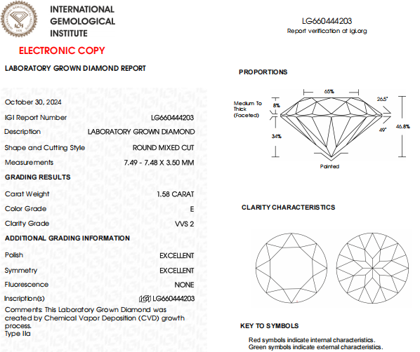 1.58 CT Round Mixed Cut Lab Grown Diamond For Engagement Ring