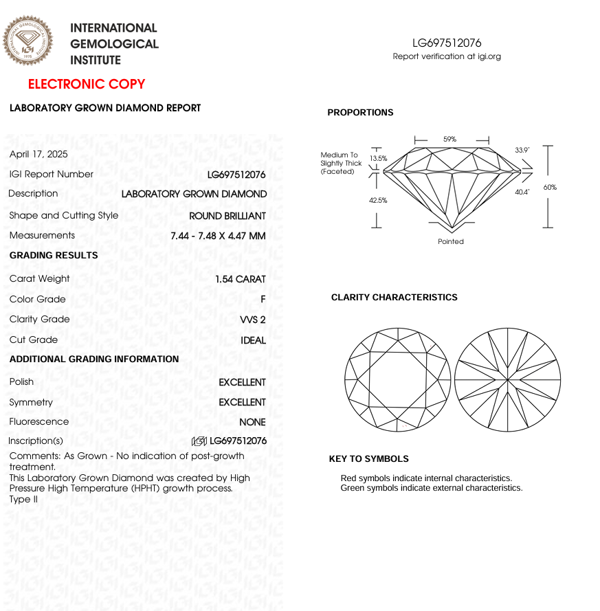 1.54 CT Round Cut Lab Grown Diamond for Anniversary Gift | IGI Certified | Diamond for Jewelry or Engagement Ring