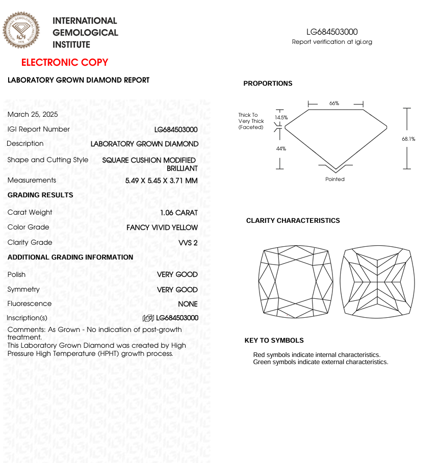 1 CT Yellow Square Cushion Lab Grown Diamond for Necklace or Earrings | IGI Certified | Best for Anniversary Gift or Engagement Ring | Gift for Wife