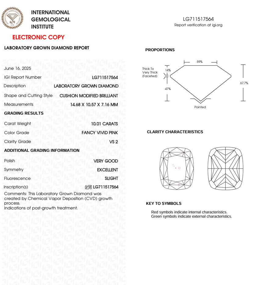 10 CT Pink Cushion Cut Lab Grown Diamond for Engagement Ring | IGI Certified | Diamond for Jewelry | Best for Anniversary Gift