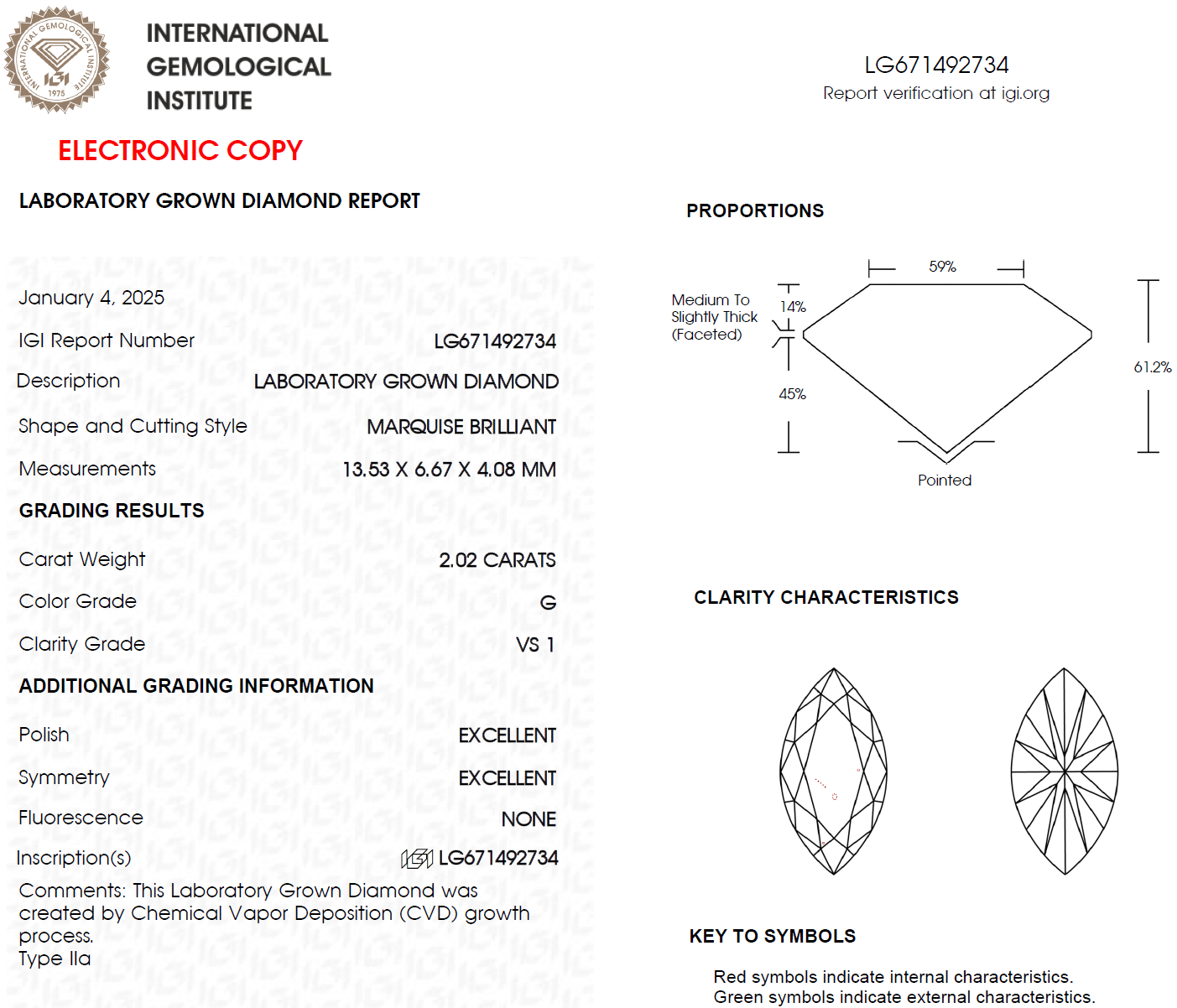 2 CT Marquise Cut Lab Grown Diamond For Engagement Ring - IGI Certified