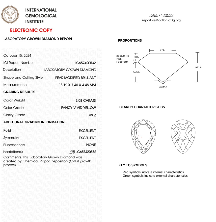 3 CT Yellow Pear Cut Lab Grown Diamond for Engagement Ring or Anniversary Gift | IGI Certified | Best for Birthday Gift