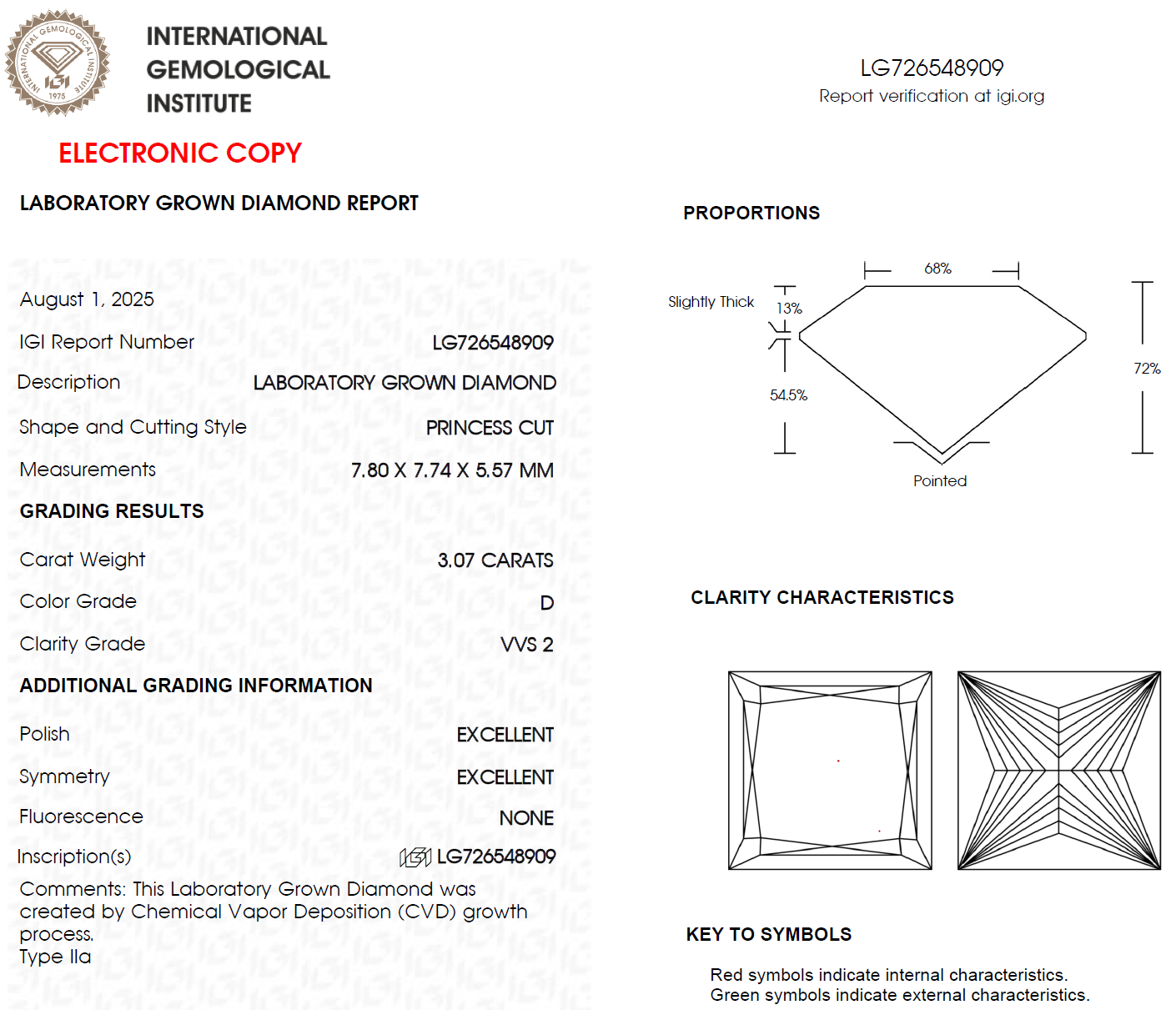 3 CT Princess Cut Lab Grown Diamond for Engagement Ring | IGI Certified | Diamond for Anniversary Gift