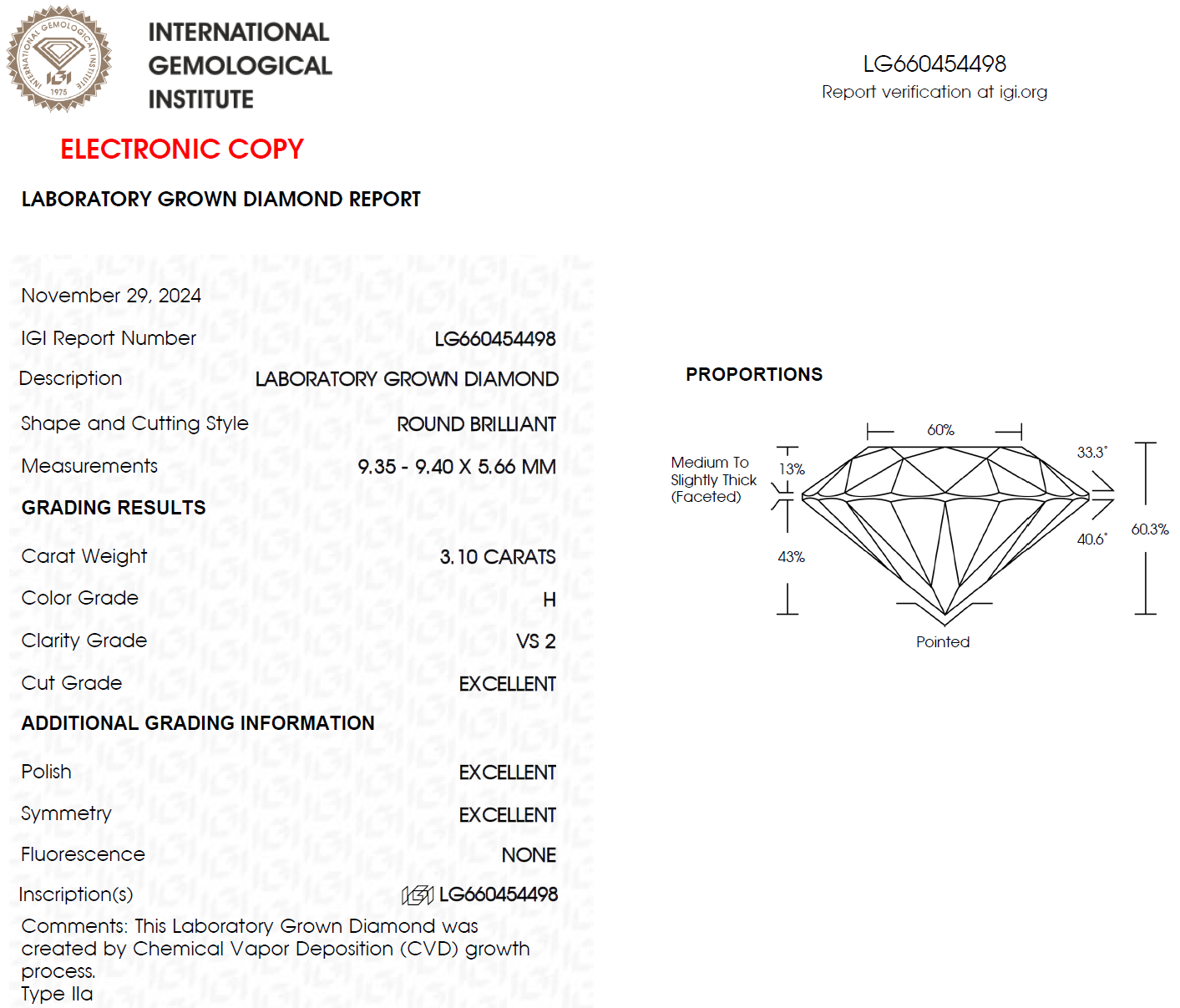 3.10 CT Round Lab Grown Diamond For Engagement Ring - IGI Certified