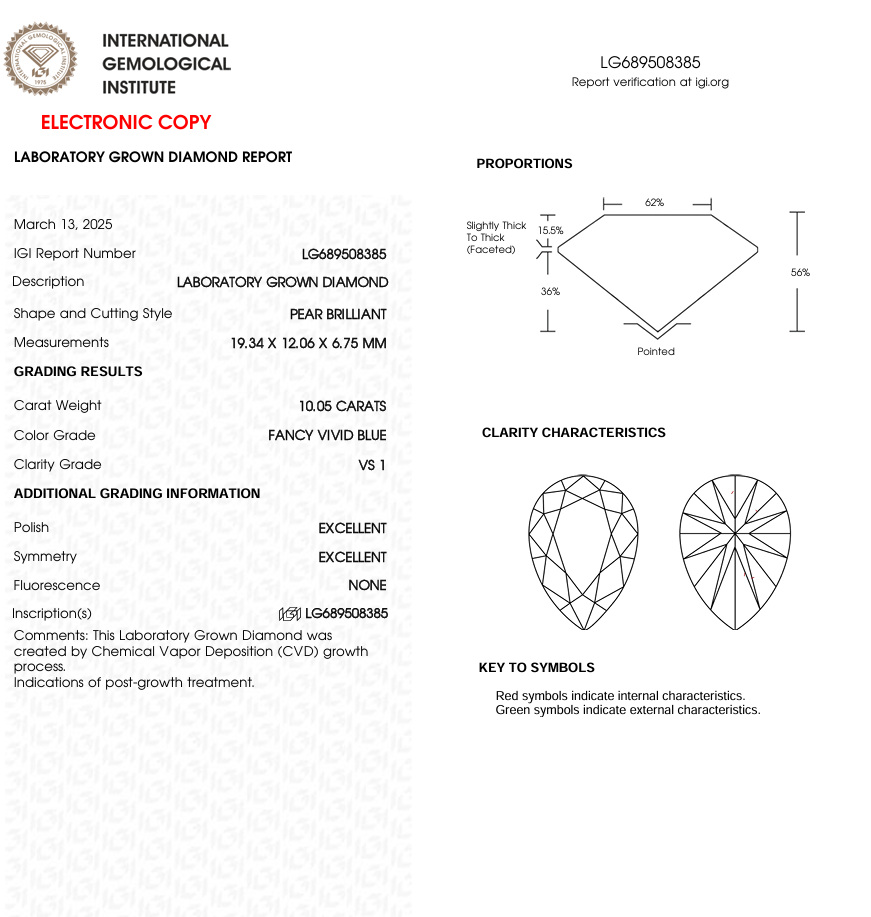 10 CT Blue Pear Cut Lab Grown Diamond for Engagement Ring | IGI Certified | Diamond for Necklace or Bracelet | Gift for Wife