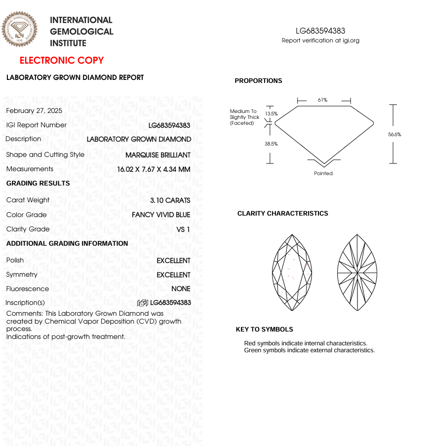 3 CT Blue Marquise Cut Lab Grown Diamond for Engagement Ring | IGI Certified | Diamond for Necklace or Bracelet | Gift for Wife