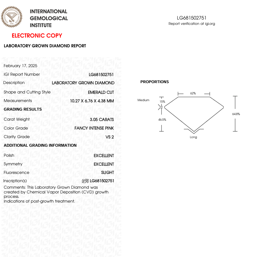 3 CT Pink Emerald Cut Lab Grown Diamond for Engagement Ring or Anniversary Gift | IGI Certified | Best for Necklace or Bracelet