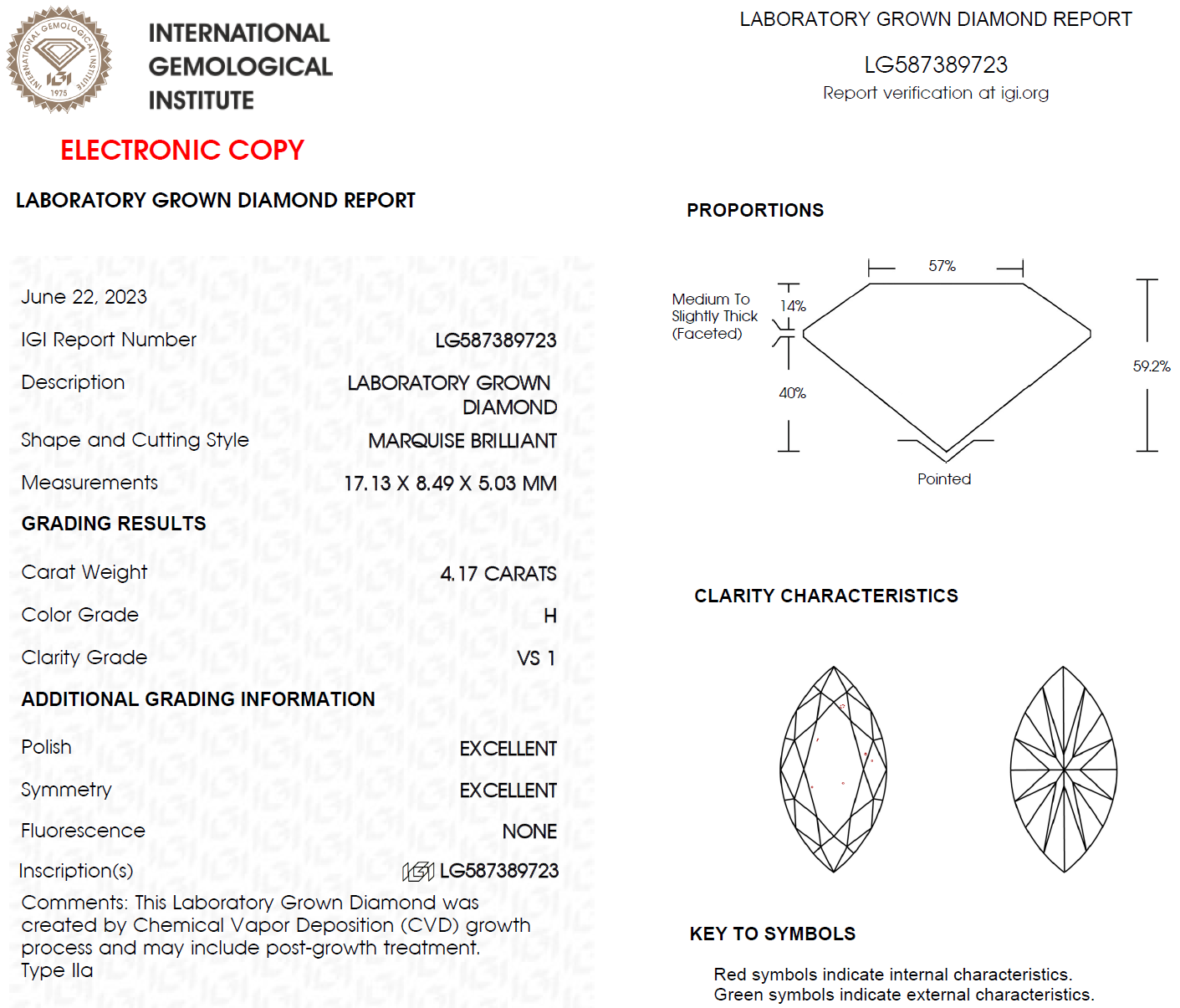 4.17 CT Marquise Cut Lab Grown Diamond For Engagement Ring - IGI Certified