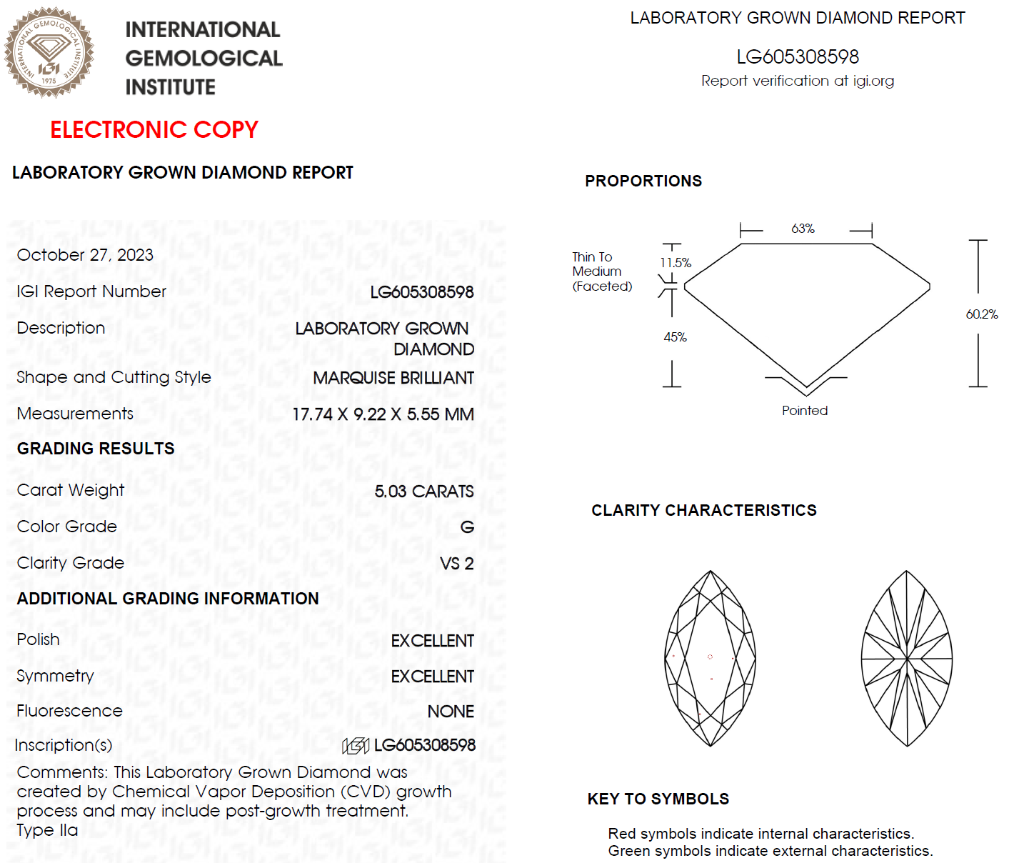 5 CT Marquise Lab Grown Diamond For Engagement Ring - G VS2 IGI Certified