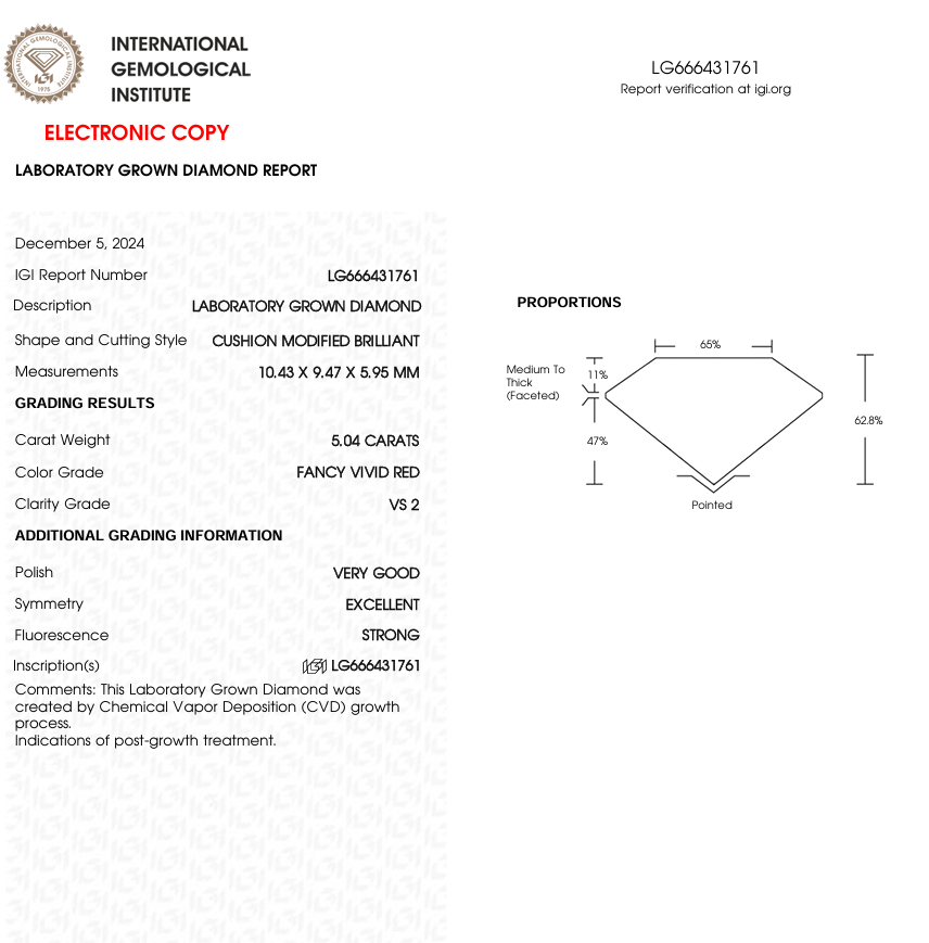 5 CT Red Cushion Cut Lab Grown Diamond for Anniversary Gift or Wedding Gift | IGI Certified | Best for Necklace or Bracelet
