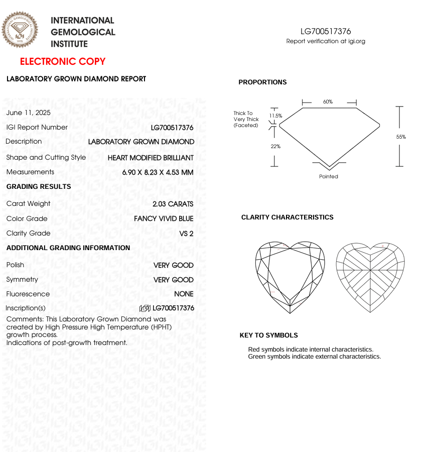 2 CT Blue Heart Cut Lab Grown Diamond | IGI Certified | Diamond for Engagement Ring or Anniversary Gift | Gift for Girl