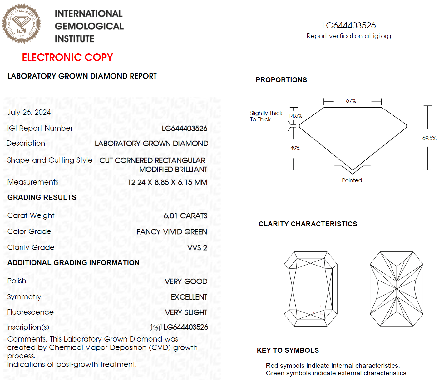 6 CT Green Radiant Cut Lab Grown Diamond For Engagement Ring - IGI Certified
