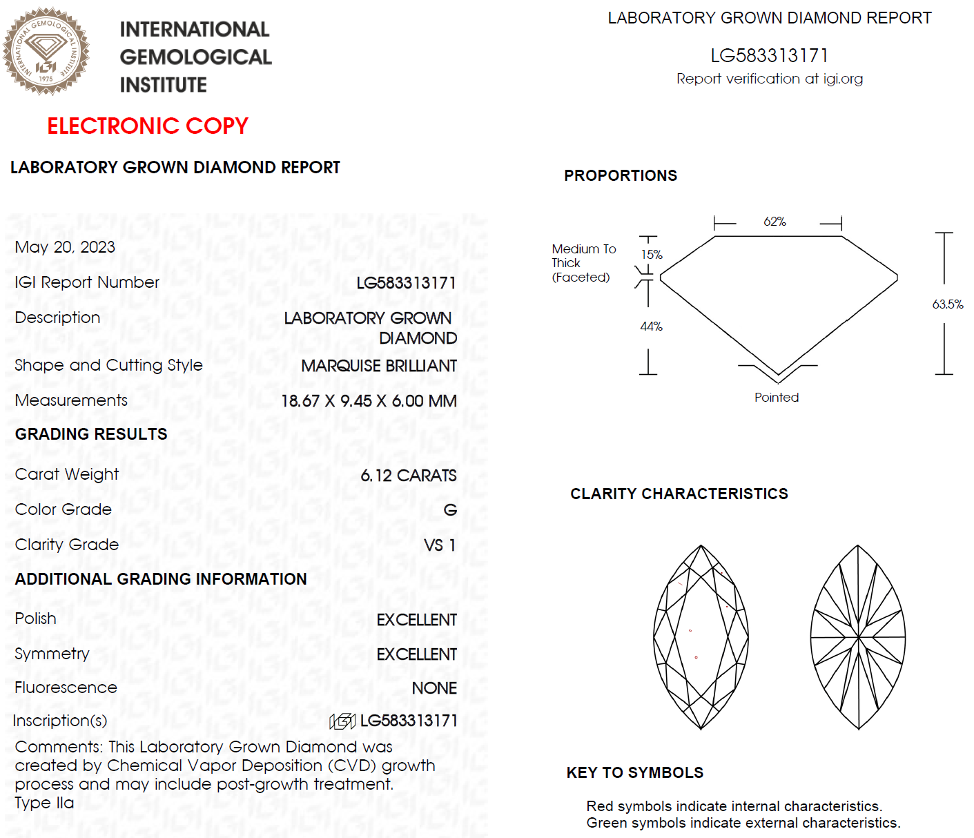 6.12 CT 18.67 MM Long Marquise Cut Lab Grown Diamond For Engagement Ring - IGI Certified