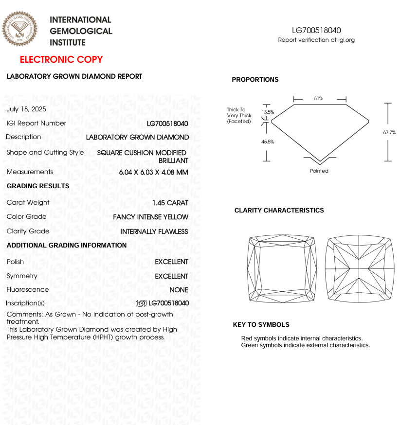 1.45 CT Yellow Square Cushion Cut Lab Grown Diamond | IGI Certified | Best Diamond for Anniversary Gift or Wedding Gift