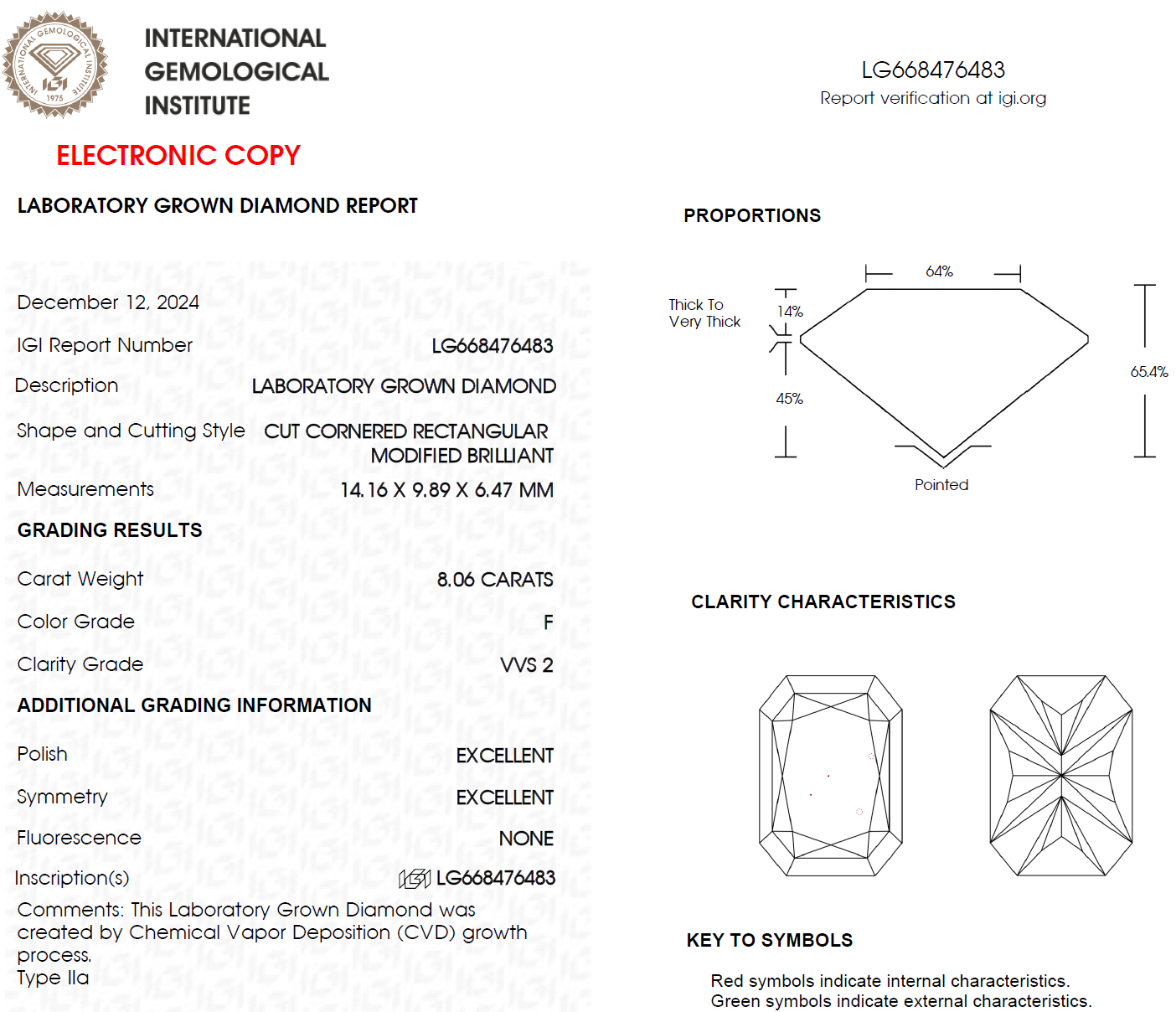 8 CT Radiant Cut Lab Grown Diamond For Engagement Ring - IGI Certified F VVS2