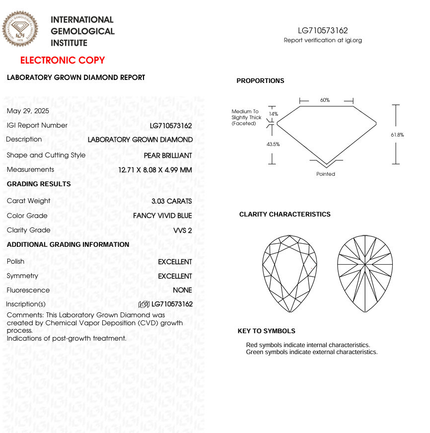 3 CT Blue Pear Cut Lab Grown Diamond for Jewelry | IGI Certified | Diamond for Engagement Ring or Anniversary Gift