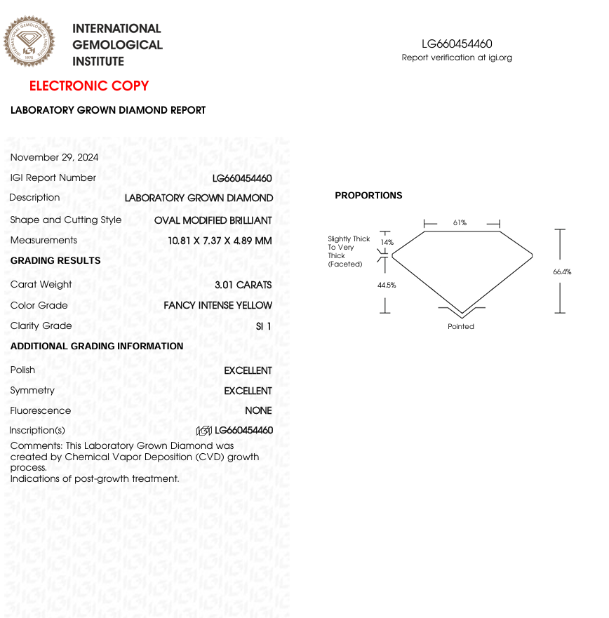 3 CT Yellow Oval Cut Lab Grown Diamond | IGI Certified | Diamond for Engagement Ring or Anniversary Gift