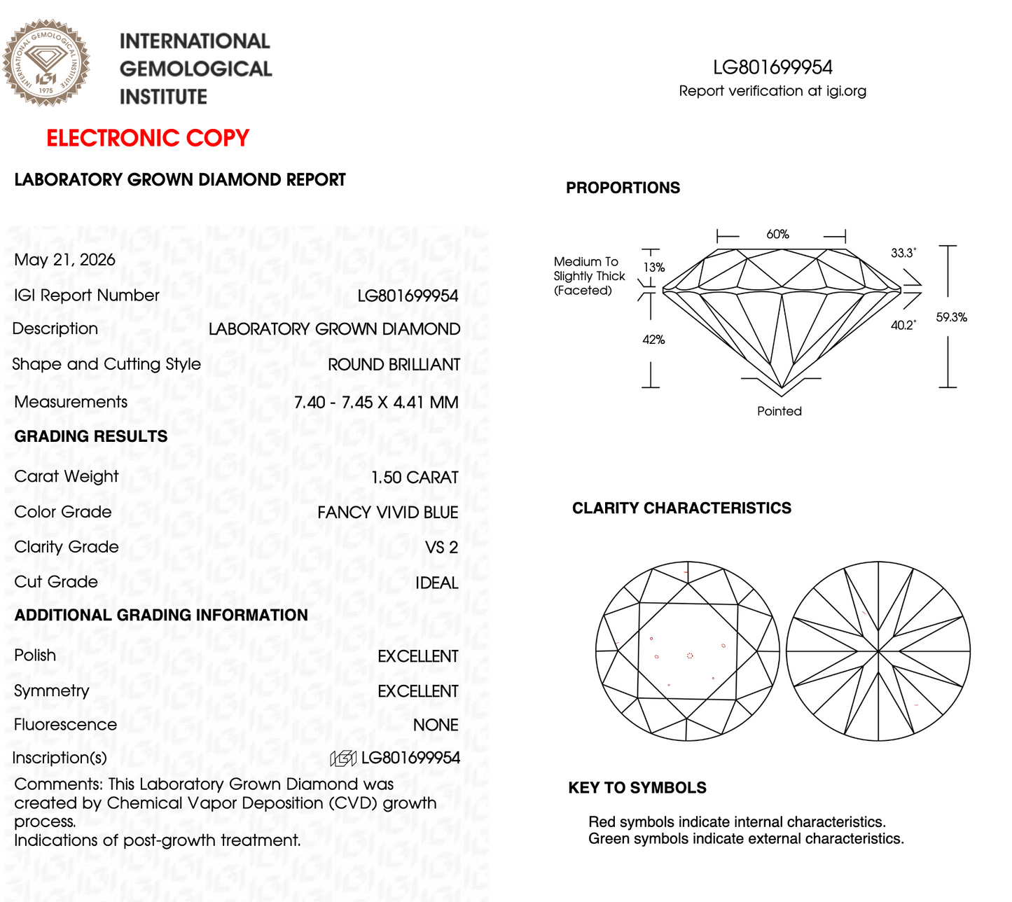 1.50 CT Blue Round Cut Lab Grown Diamond For Engagement Ring