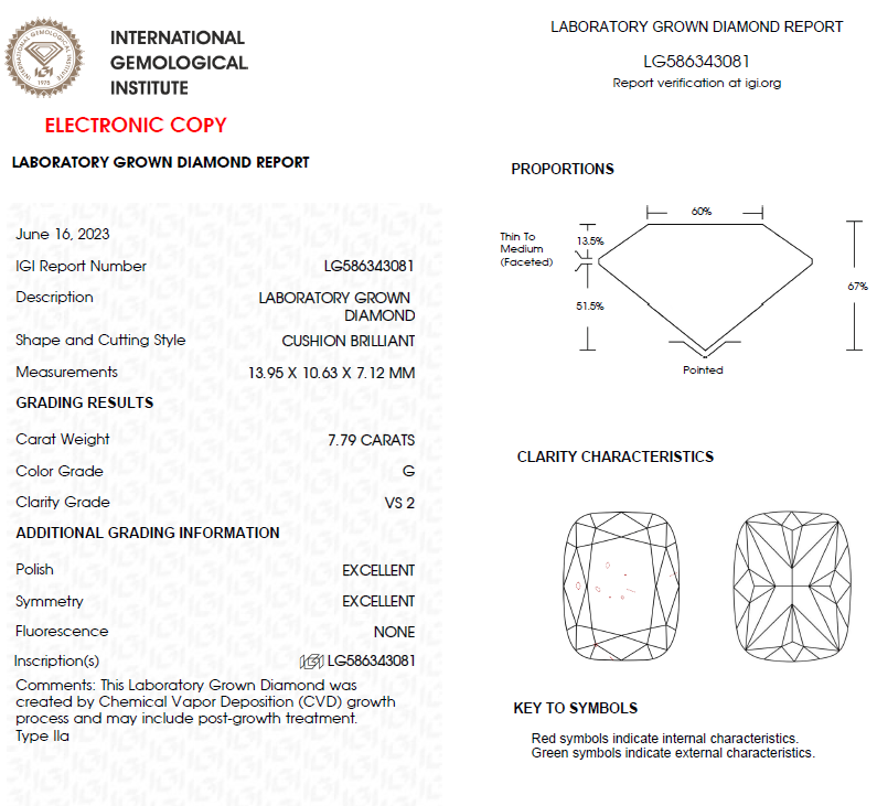 7.79 CT Cushion Brilliant Cut Lab Grown Diamond For Engagement Ring