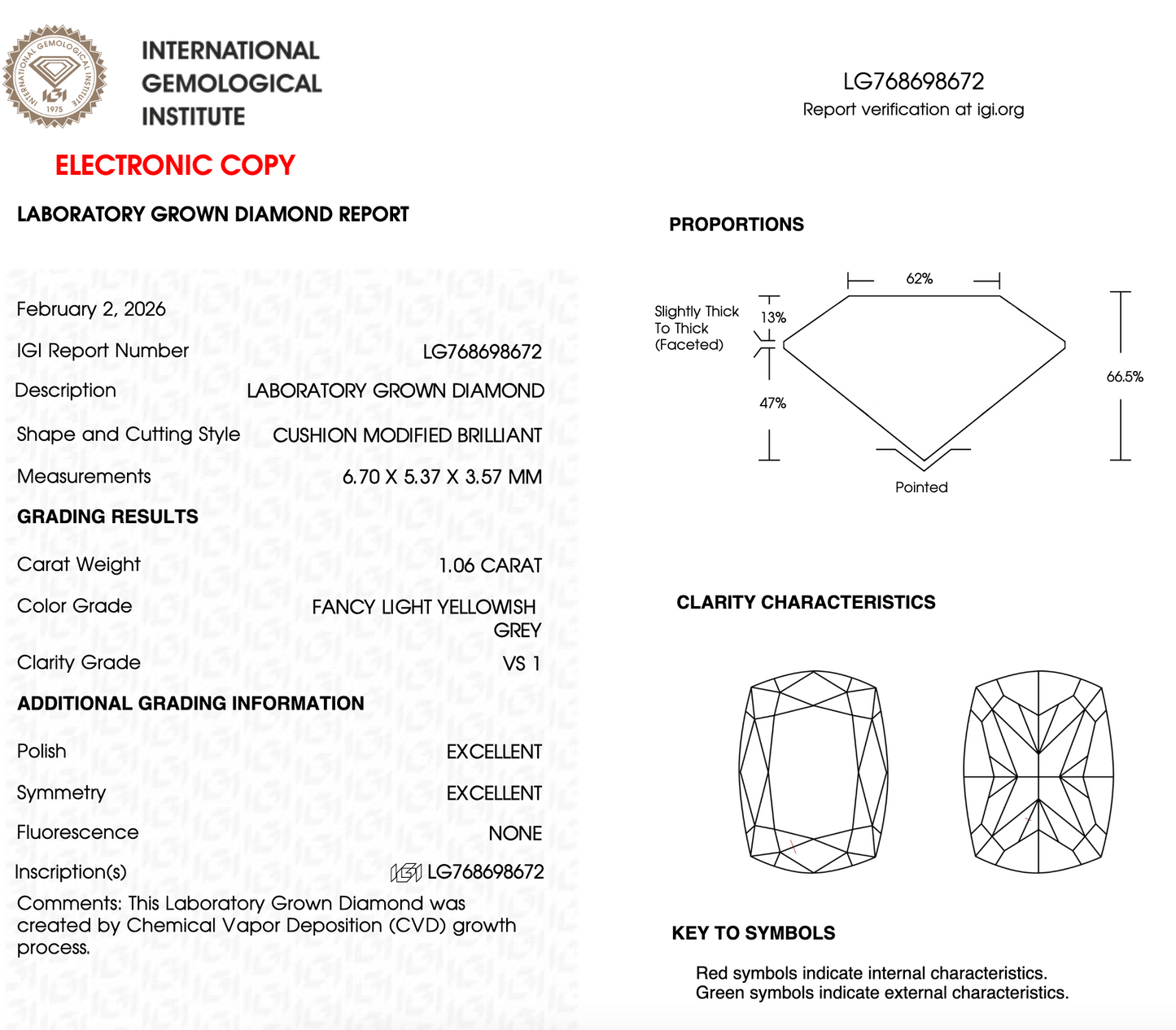 1 CT Grey Cushion Cut Lab Grown Diamond For Engagement Ring