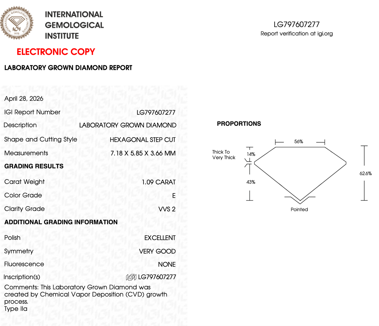 1 CT Hexagon Lab Grown Diamond For Engagement Ring