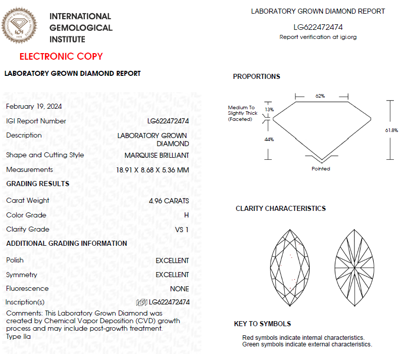 4.96 CT Marquise Lab Grown Diamond For Engagement Ring