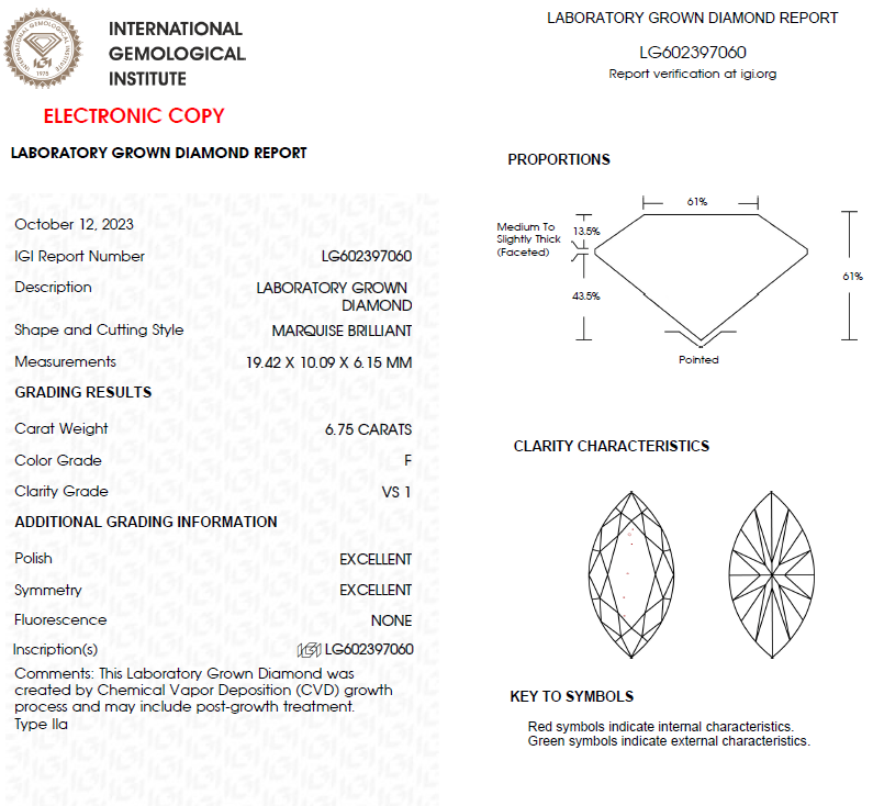 6.75 CT Marquise Lab Grown Diamond For Engagement Ring