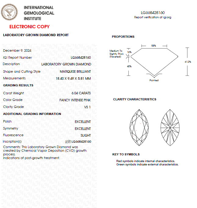 6 Carat Marquise Vivid Pink Lab Grown Diamond For Engagement Ring