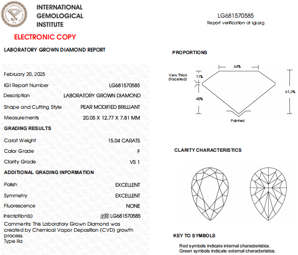 15 CT Pear Lab Grown Diamond For Engagement Ring