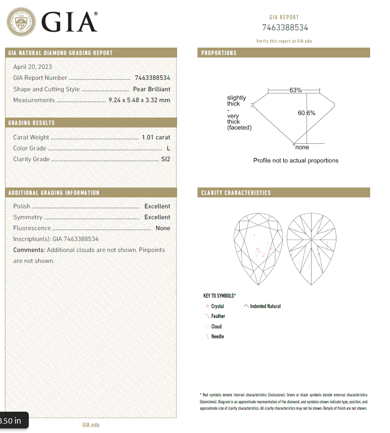 GIA 1 CT Natural Pear Diamond For Solitaire Engagement Ring