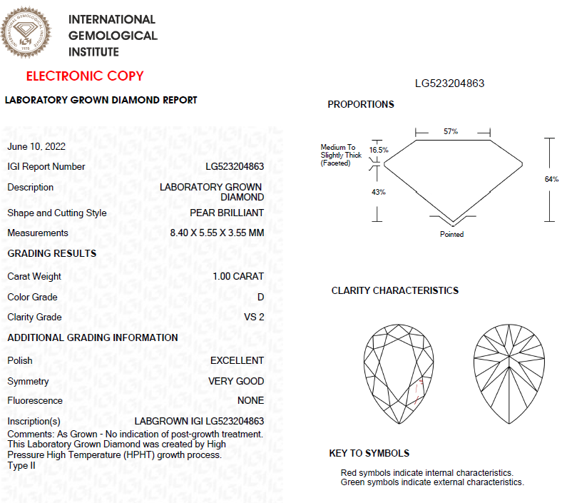 1 CT Pear Shape Lab Grown Diamond For Engagement Ring