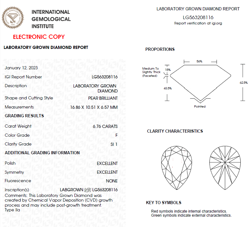6.76 Pear Lab Grown Diamond For Engagement Ring