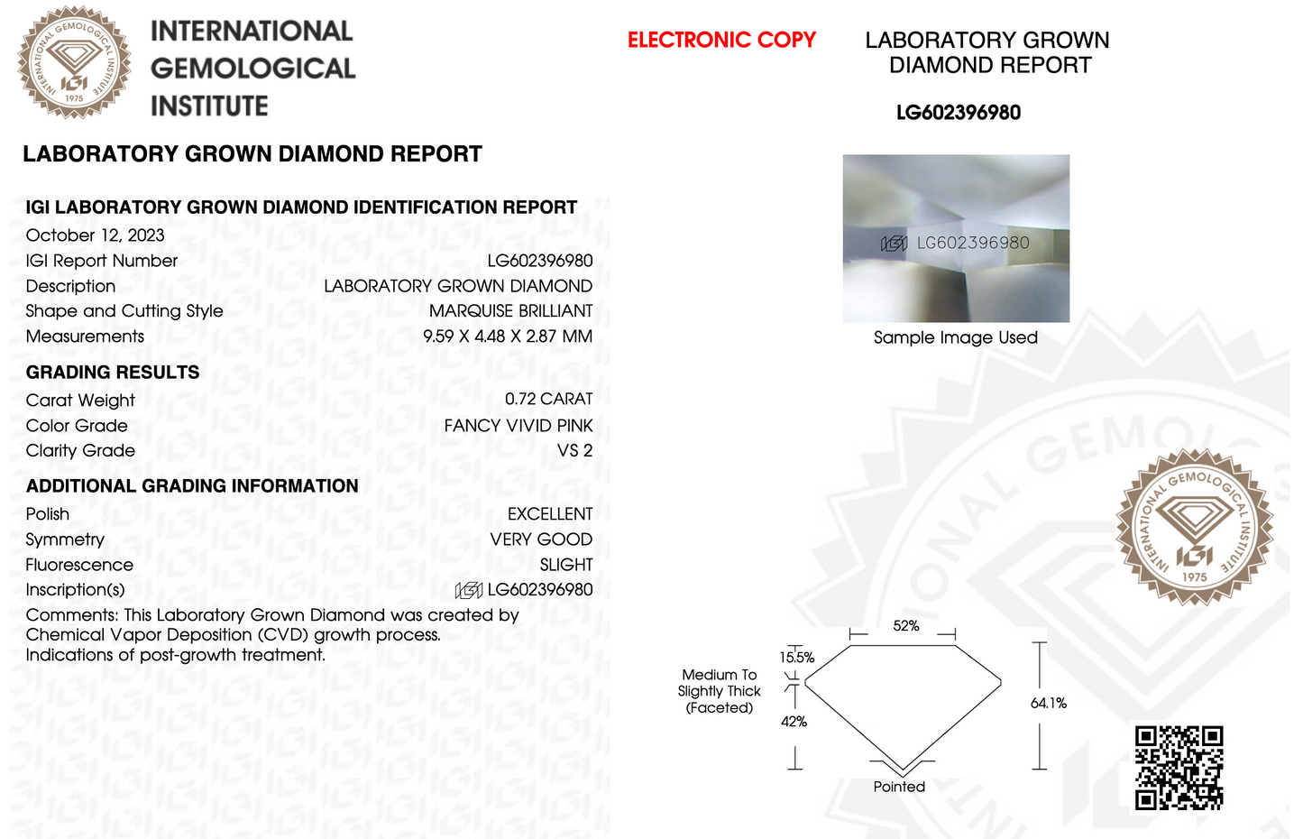 0.72 CT Pink Marquise Cut Lab Grown Diamond For Engagement Ring