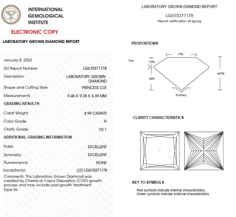 4.99 CT Princess Cut Lab Grown Diamond For Engagement Ring