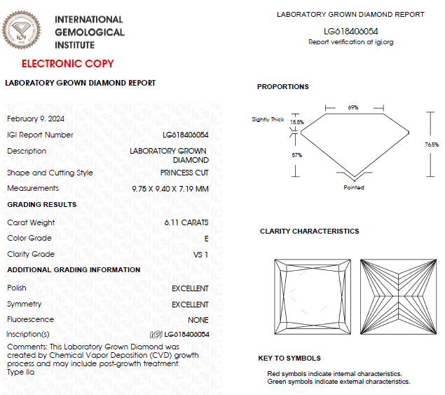 6 CT Princess Cut Lab Grown Diamond For Engagement Ring