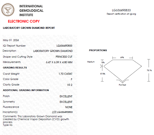 1.70 CT Princess Cut Lab Grown Diamond For Engagement Ring